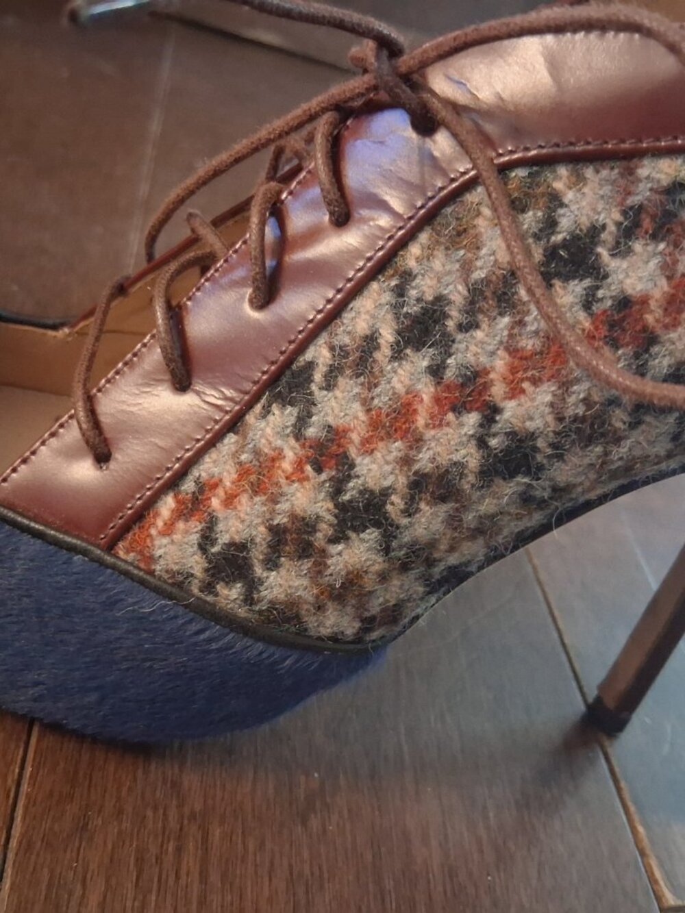 J.Crew Collection ponyhair and plaid leather lace-up heels. - Picture 5 of 6
